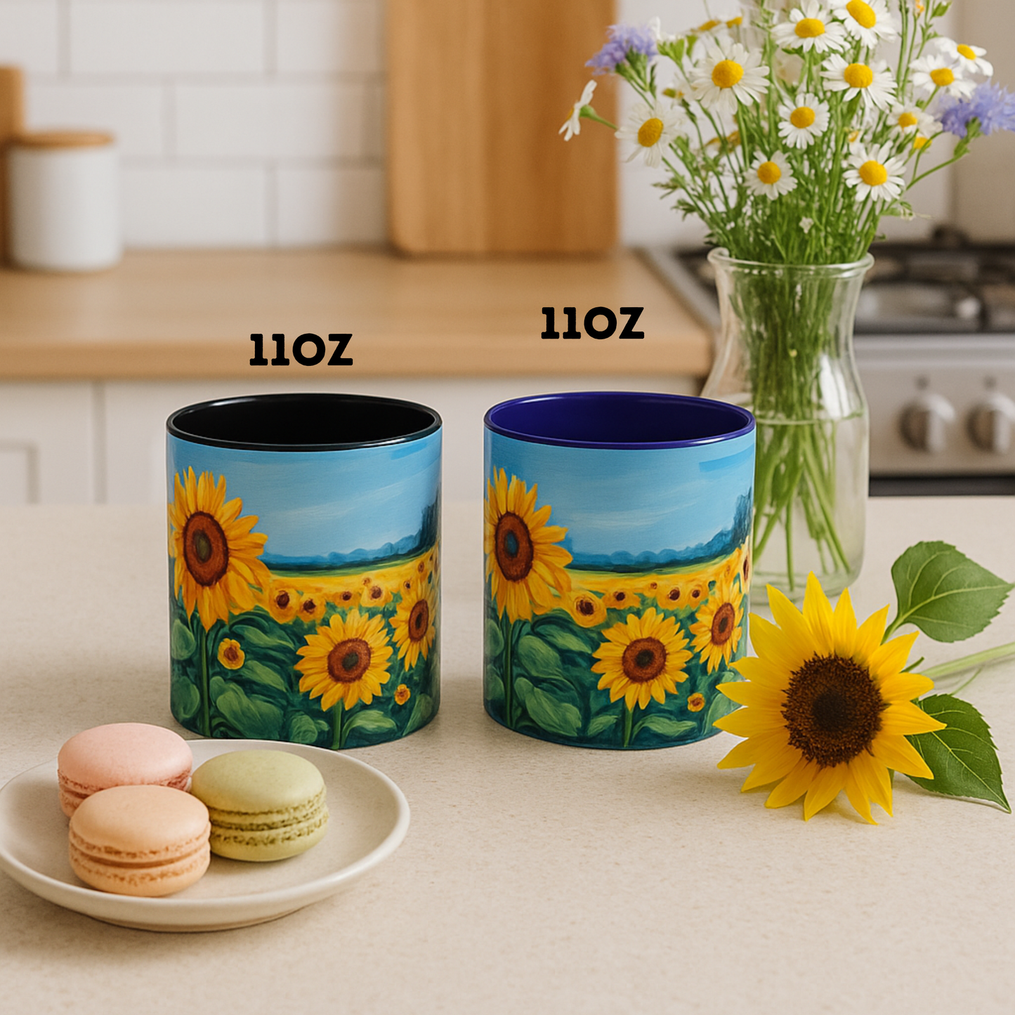 Personalized Mug With Sunflower Field , Custom Name Coffee Cup, Gift for Art, Nature Lovers