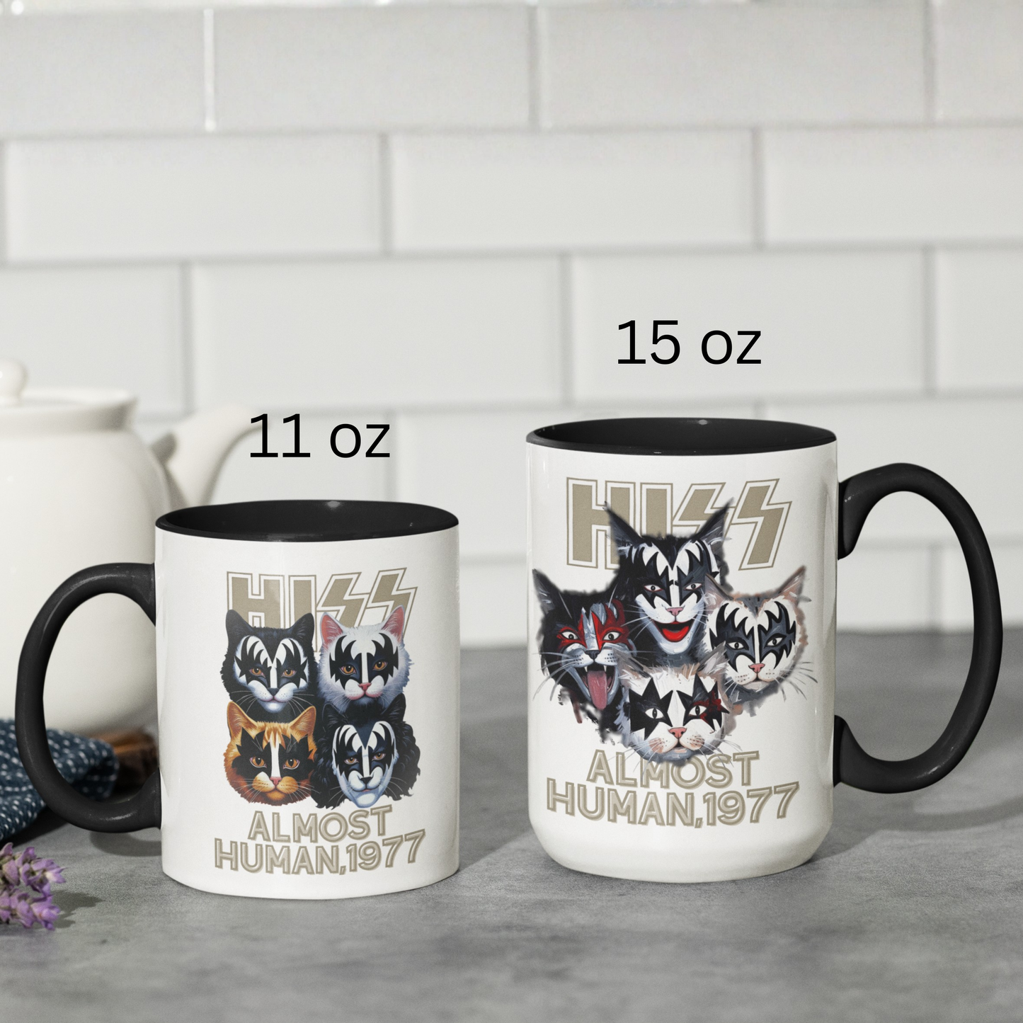 Kiss Cats Band Parody Hiss Almost Human 1977 Mug | Funny Music Ceramic Coffee Cup
