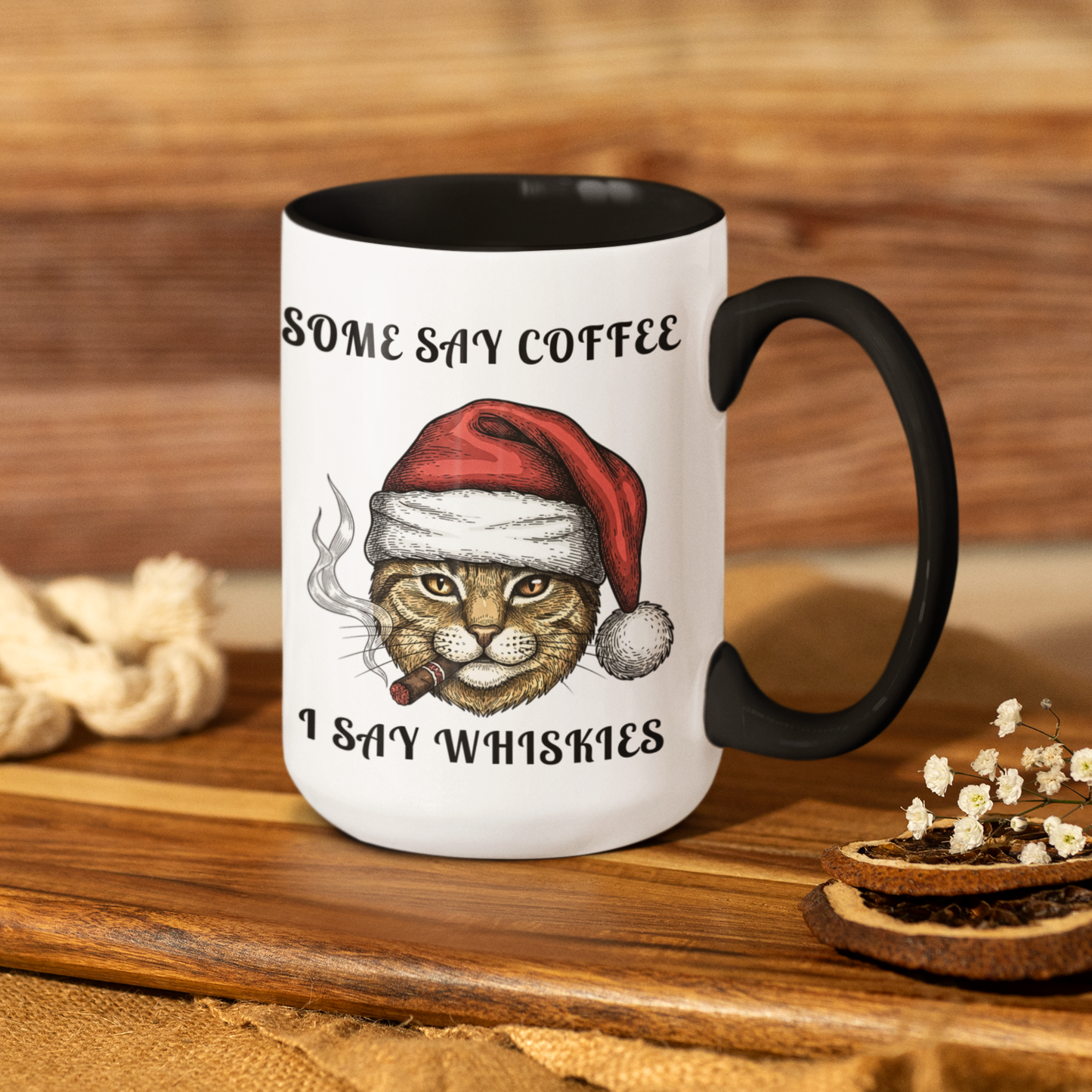 Grumpy Santa Cat Whiskies Mug 11oz, Funny Christmas Whiskey Coffee Mug