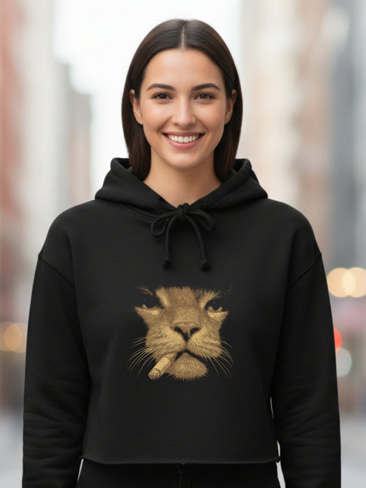 Smoking Cat Black Crop Hoodie - Streetwear LS12000 Cropped Sweatshirt, Aesthetic Graphic