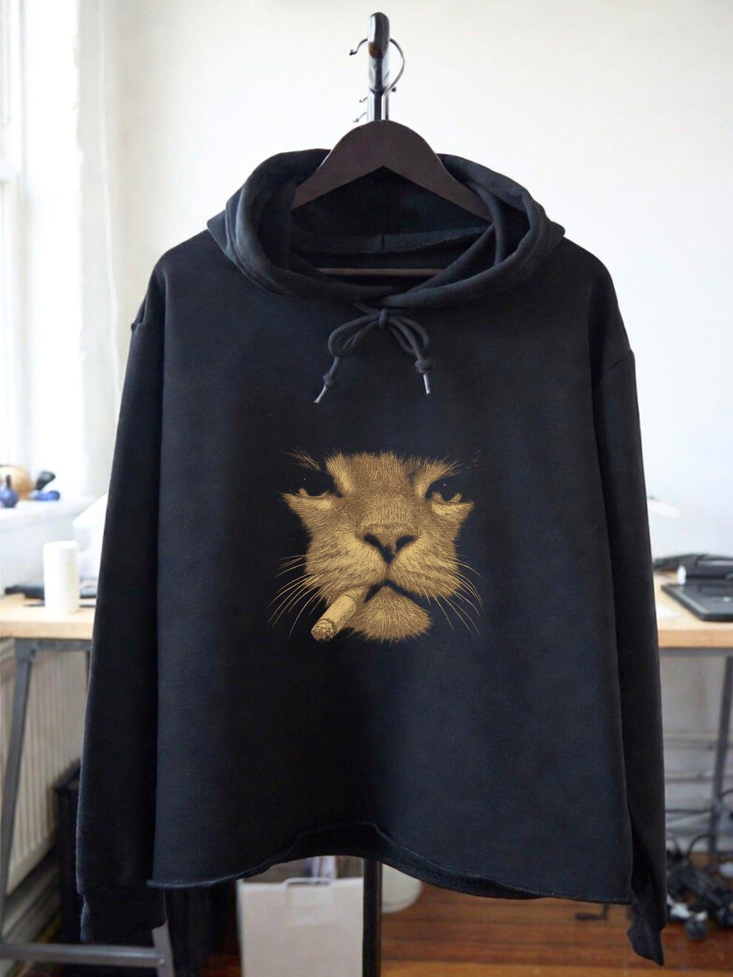 Smoking Cat Black Crop Hoodie - Streetwear LS12000 Cropped Sweatshirt, Aesthetic Graphic