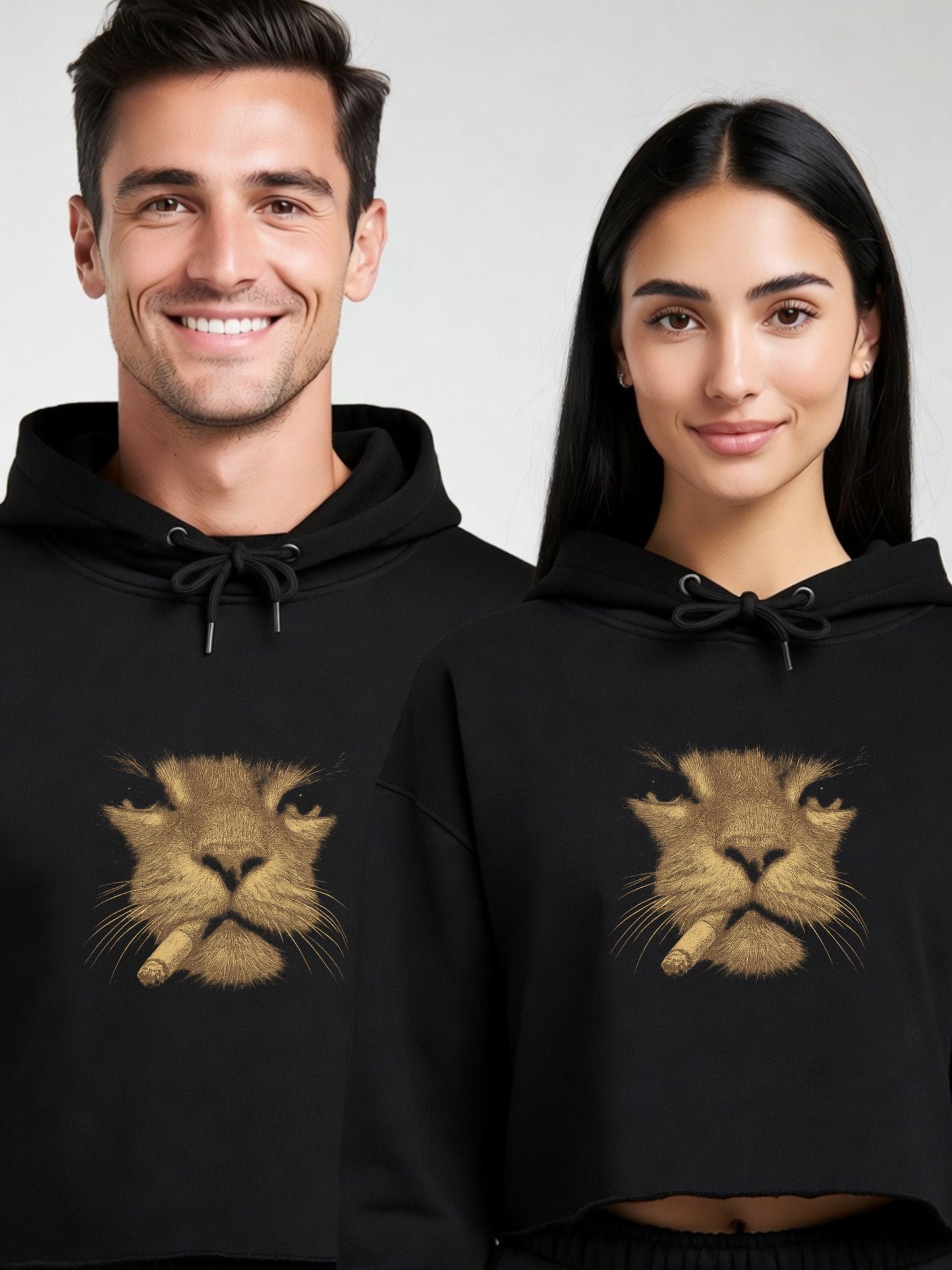 Smoking Cat Black Crop Hoodie - Streetwear LS12000 Cropped Sweatshirt, Aesthetic Graphic