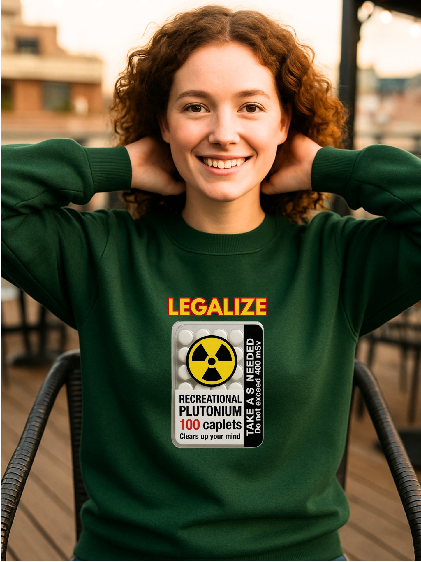 Recreational Plutonium Pills Blister Crewneck Sweatshirt, Nuclear Parody Science Meme