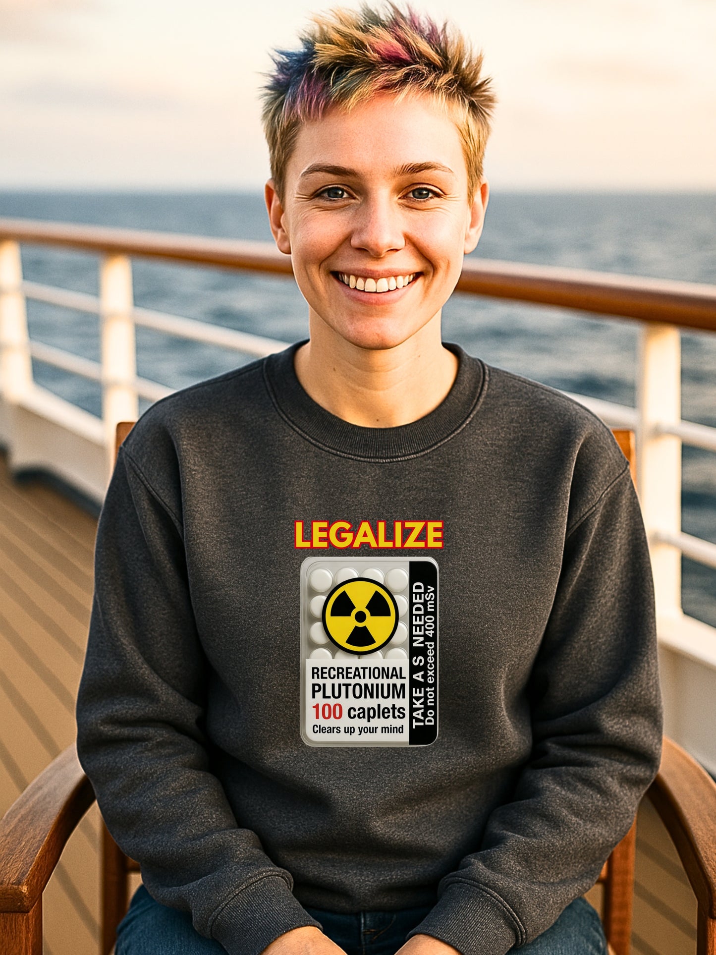 Recreational Plutonium Pills Blister Crewneck Sweatshirt, Nuclear Parody Science Meme