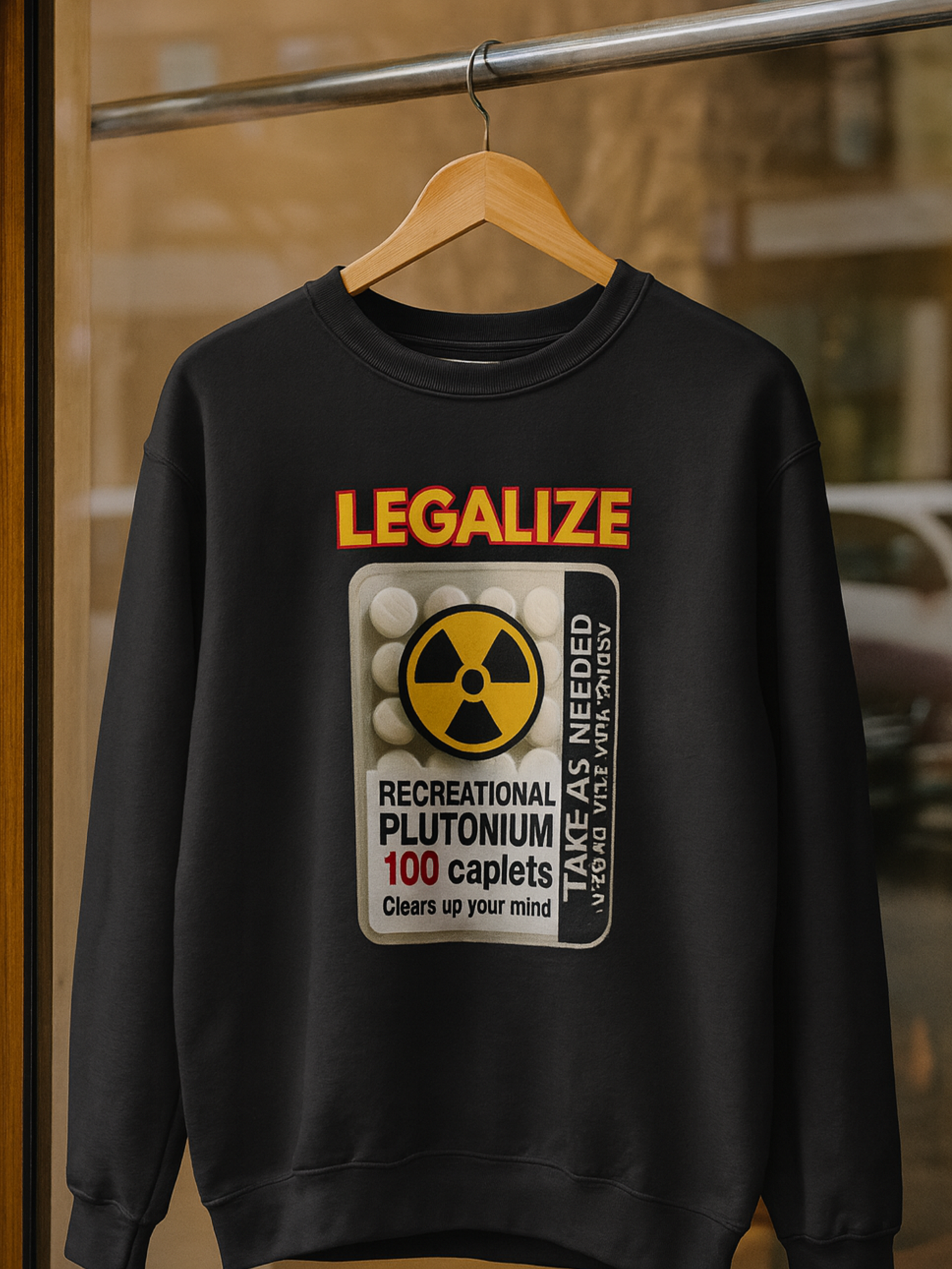 Recreational Plutonium Pills Blister Crewneck Sweatshirt, Nuclear Parody Science Meme