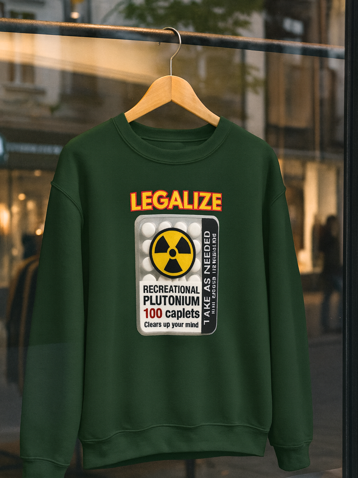 Recreational Plutonium Pills Blister Crewneck Sweatshirt, Nuclear Parody Science Meme