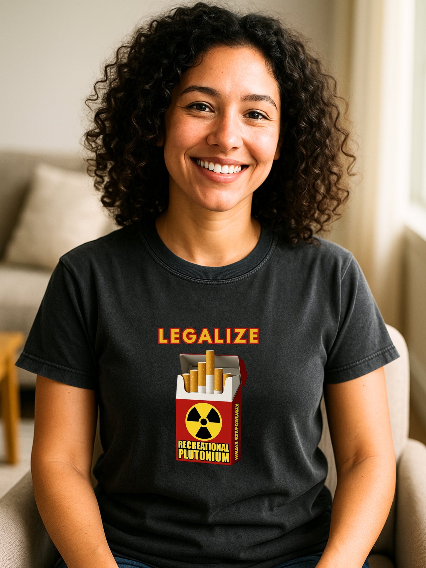 Legalize Plutonium T-Shirt, Funny Nuclear Cigarette Parody, Dark Humor Science Tee