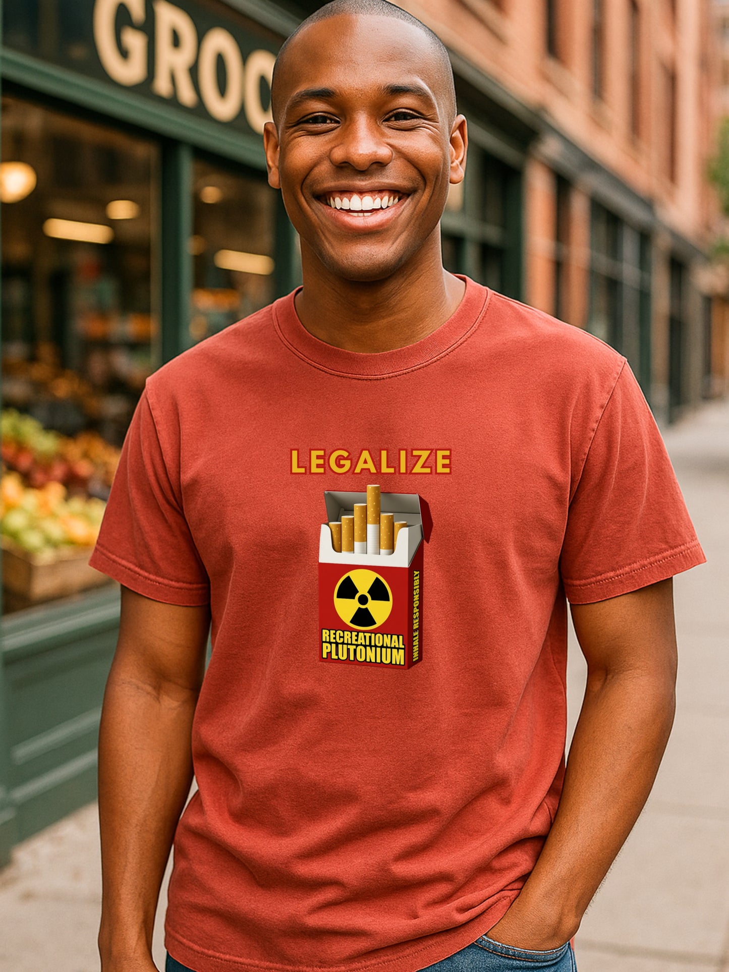 Legalize Plutonium T-Shirt, Funny Nuclear Cigarette Parody, Dark Humor Science Tee