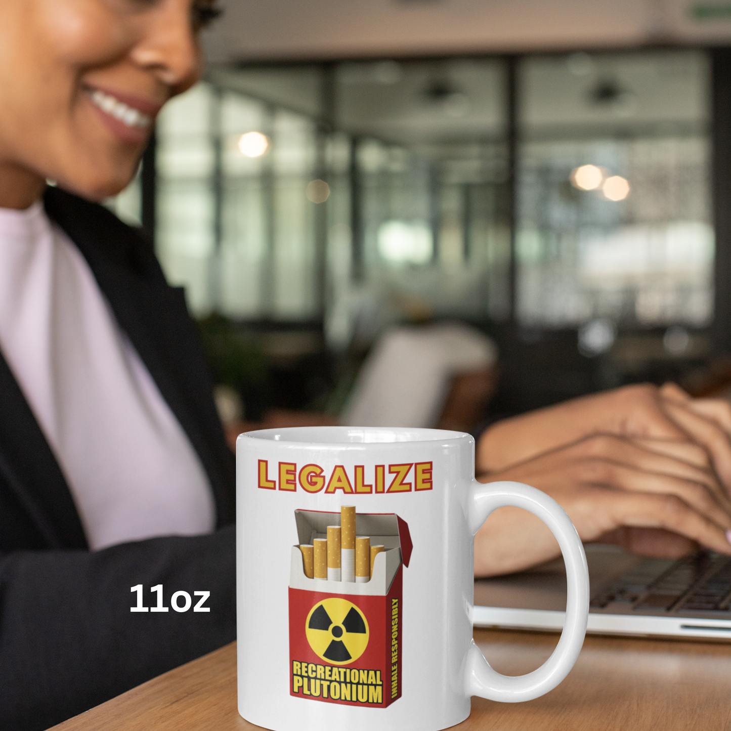 Legalize Plutonium Cigarette Mug, Funny Nuclear Coffee Cup, Dark Humor Smoking Parody Mug, Radiation Gift