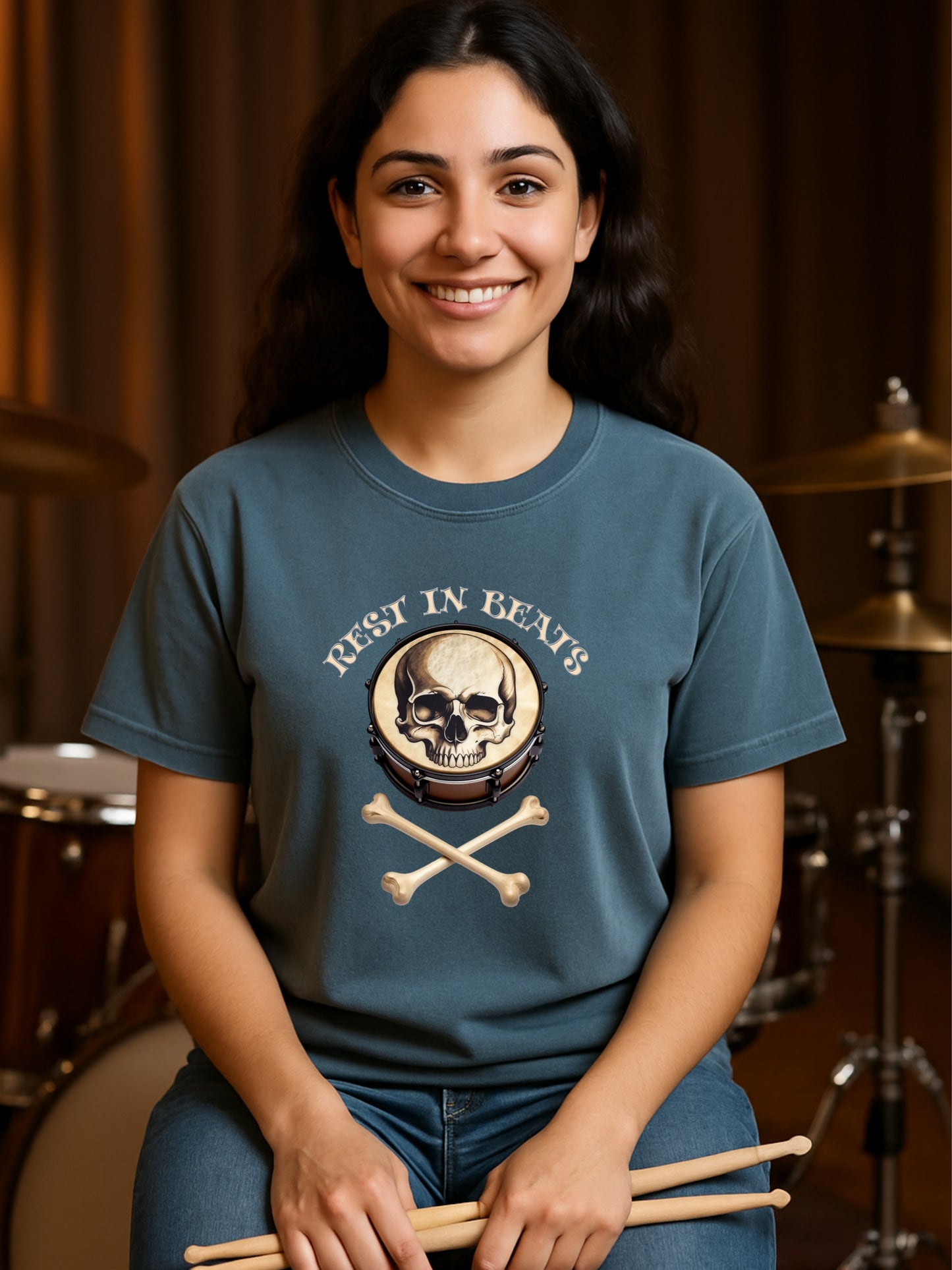Rest in Beats Drummer T Shirt Funny Skull Drum Gothic Metal Musician Gift Skeleton Bone Drumsticks Tee