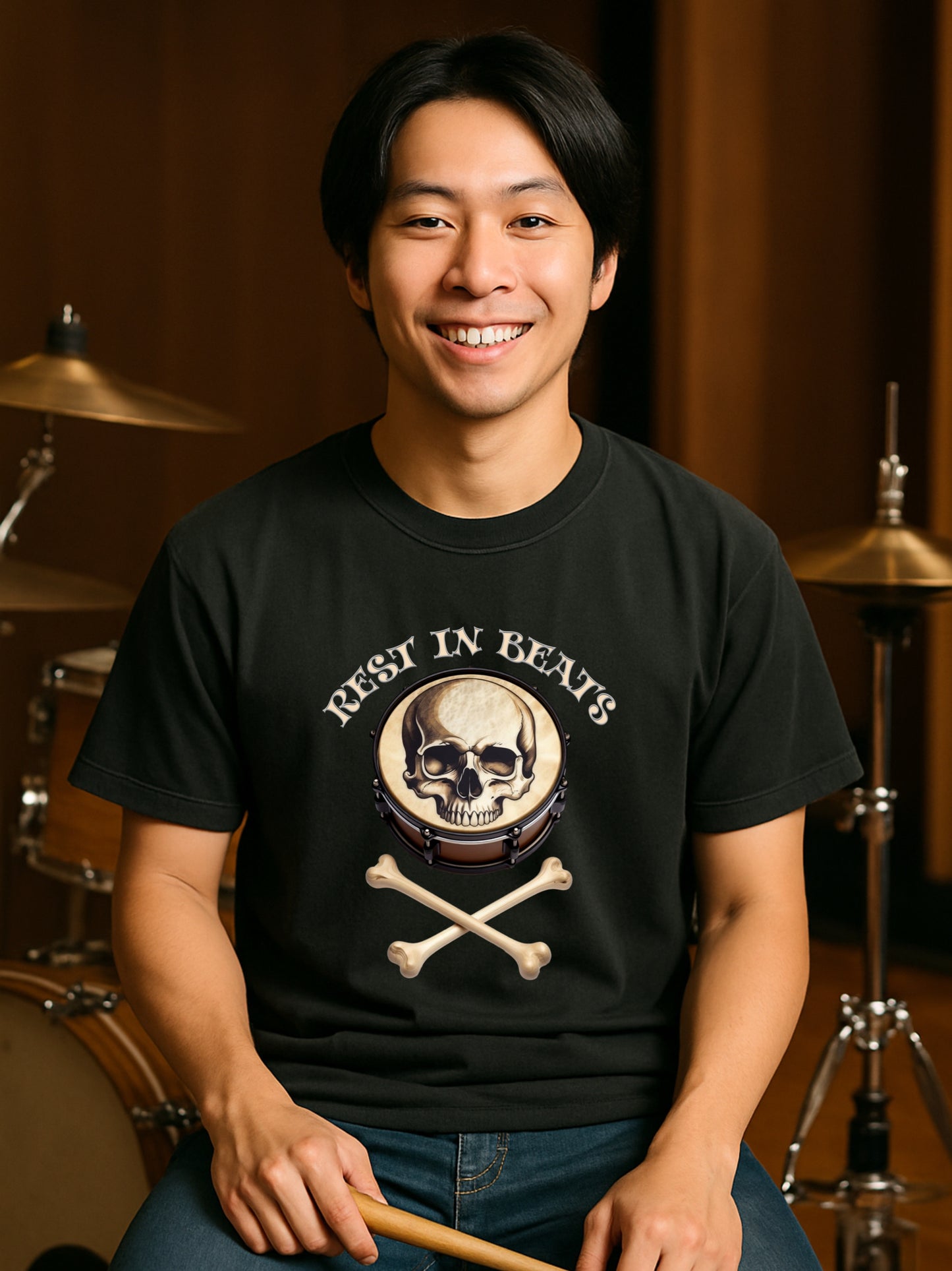Rest in Beats Drummer T Shirt Funny Skull Drum Gothic Metal Musician Gift Skeleton Bone Drumsticks Tee