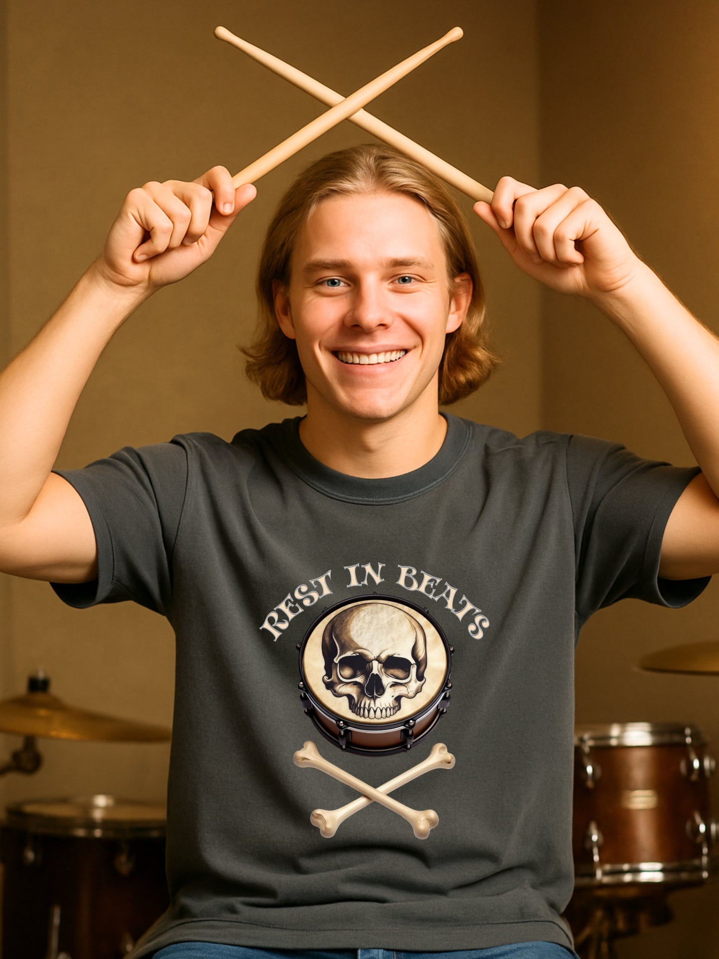 Rest in Beats Drummer T Shirt Funny Skull Drum Gothic Metal Musician Gift Skeleton Bone Drumsticks Tee