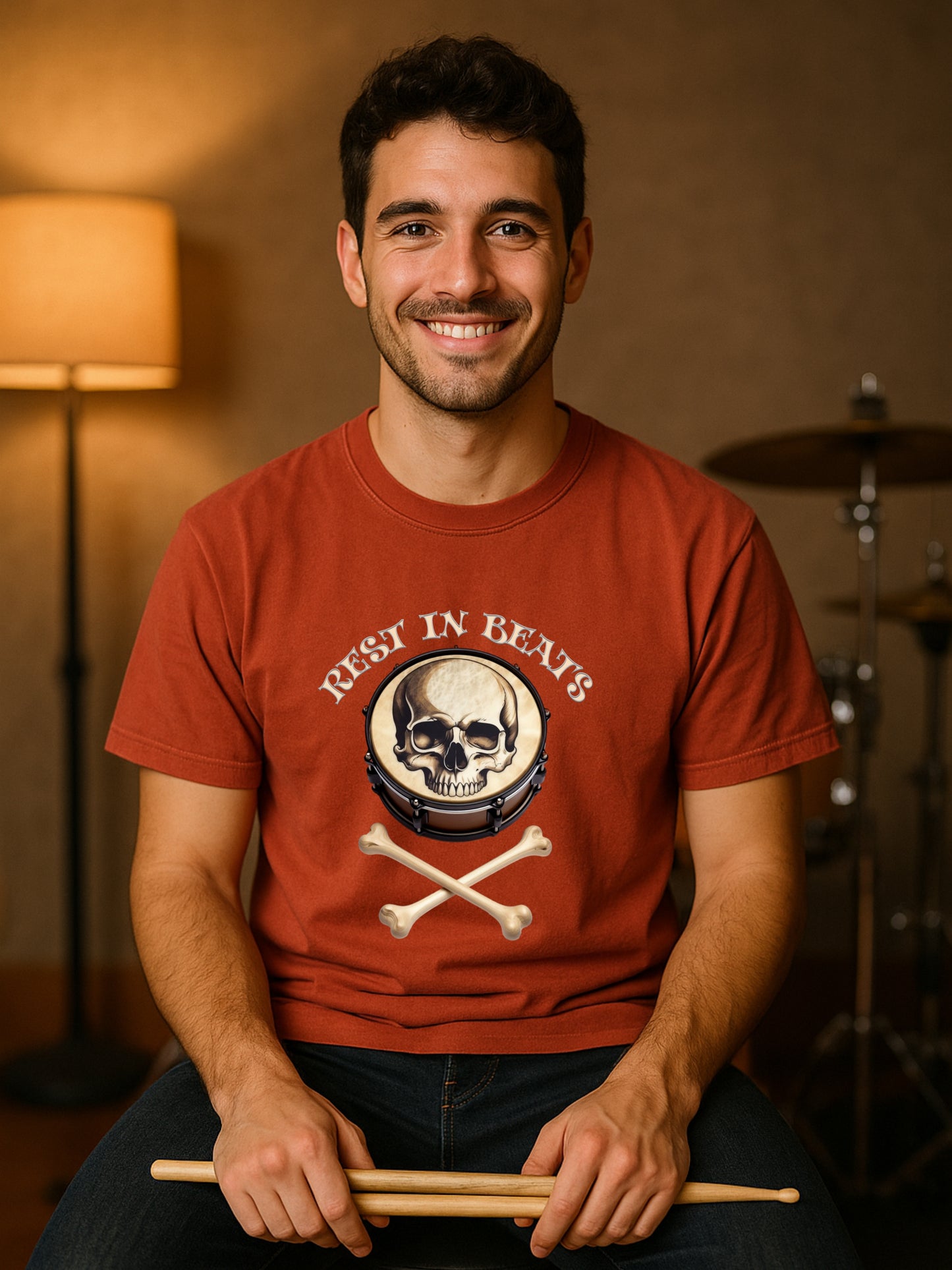 Rest in Beats Drummer T Shirt Funny Skull Drum Gothic Metal Musician Gift Skeleton Bone Drumsticks Tee