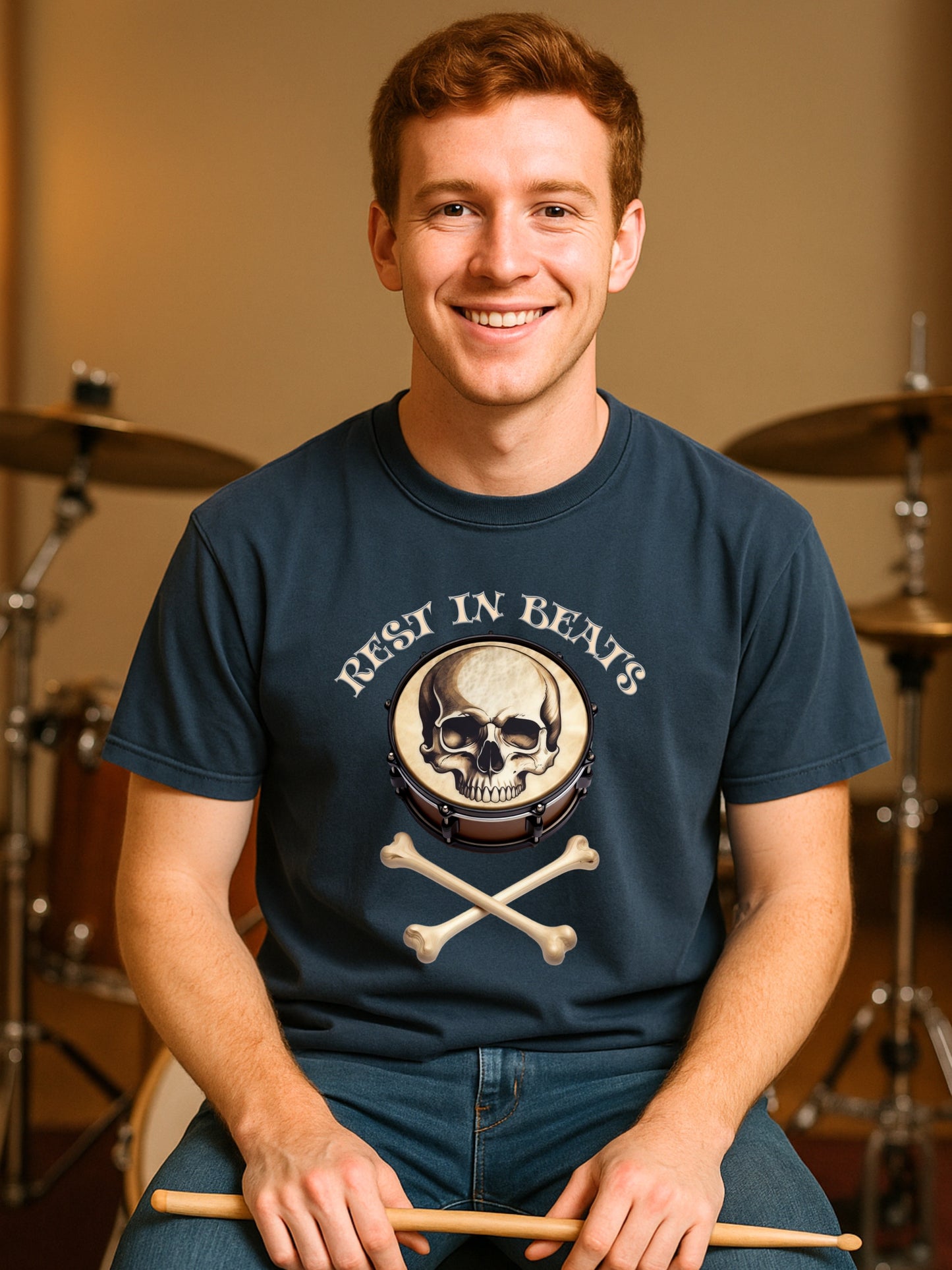 Rest in Beats Drummer T Shirt Funny Skull Drum Gothic Metal Musician Gift Skeleton Bone Drumsticks Tee