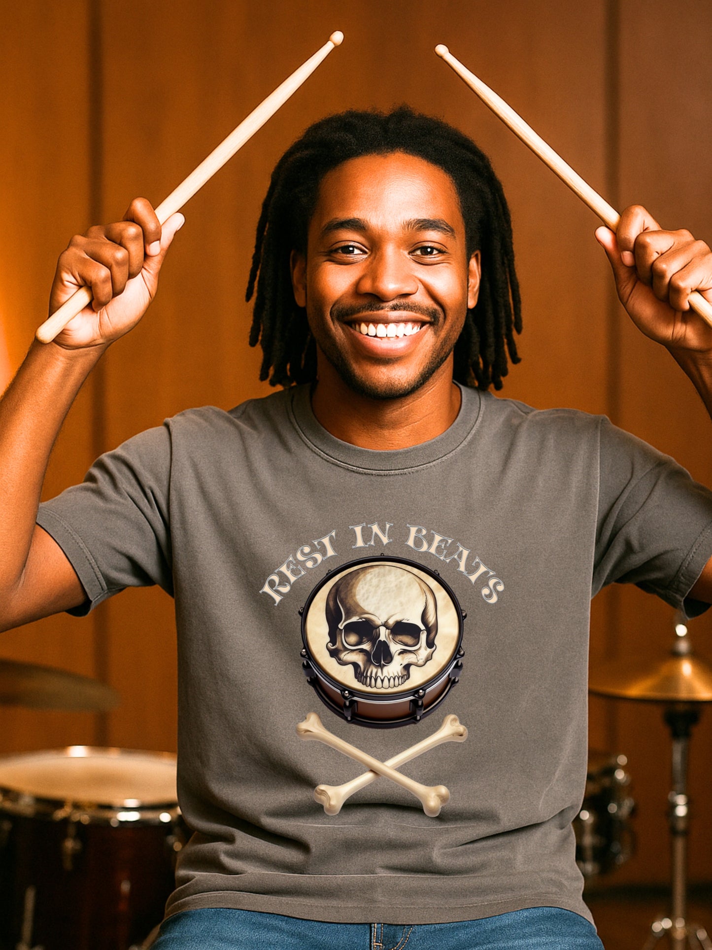 Rest in Beats Drummer T Shirt Funny Skull Drum Gothic Metal Musician Gift Skeleton Bone Drumsticks Tee