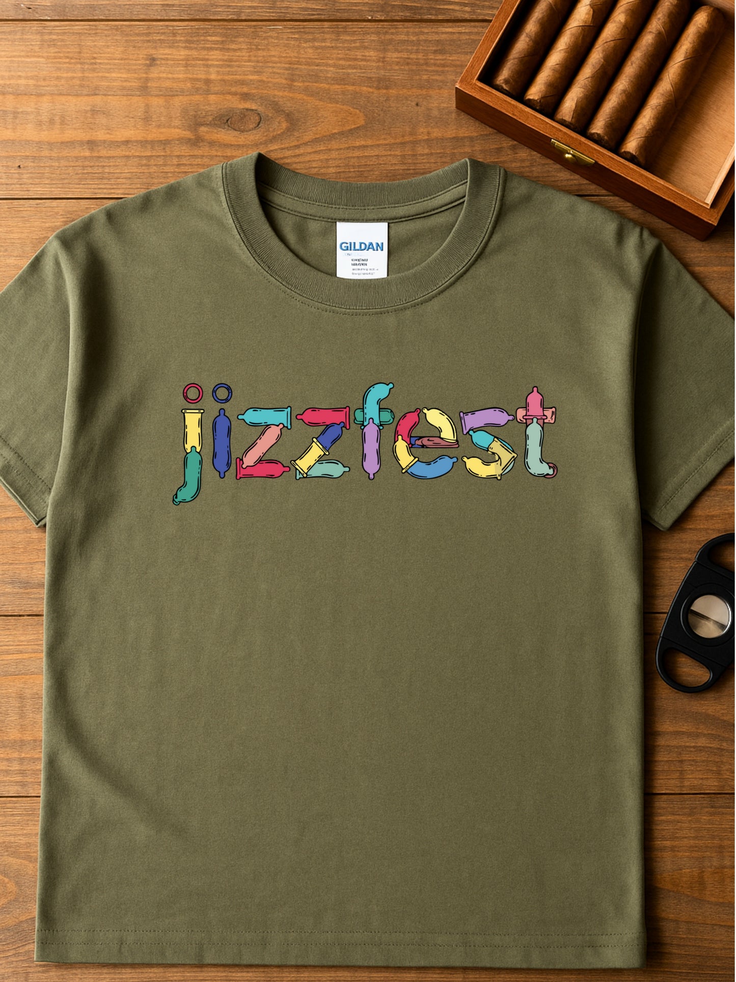 Jizzfest T-Shirt | Condom Typography Funny Adult Party Graphic | Gildan Softstyle® Cotton 64000