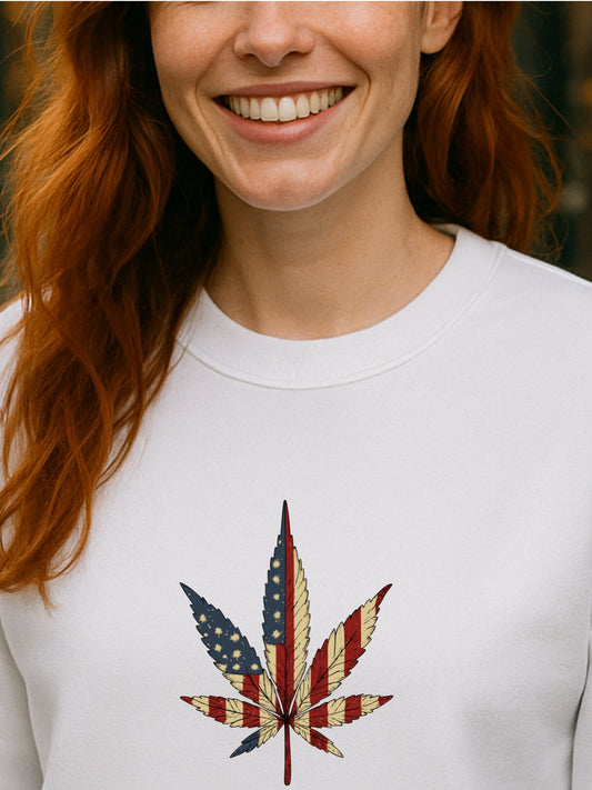 American Flag Cannabis Leaf Vintage Sweatshirt Unisex Patriotic Stoner Art Funny Dark Humor Cotton-Poly Pullover
