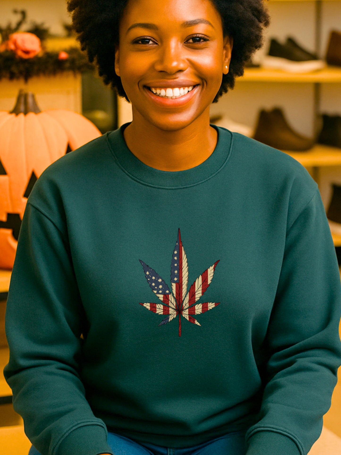 American Flag Cannabis Leaf Vintage Sweatshirt Unisex Patriotic Stoner Art Funny Dark Humor Cotton-Poly Pullover