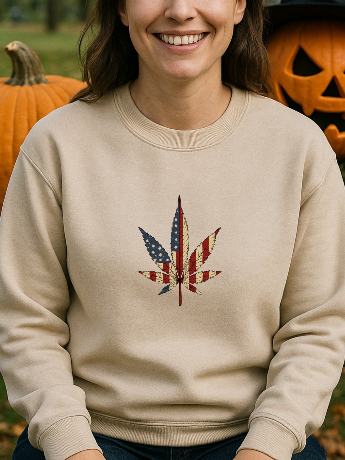 American Flag Cannabis Leaf Vintage Sweatshirt Unisex Patriotic Stoner Art Funny Dark Humor Cotton-Poly Pullover