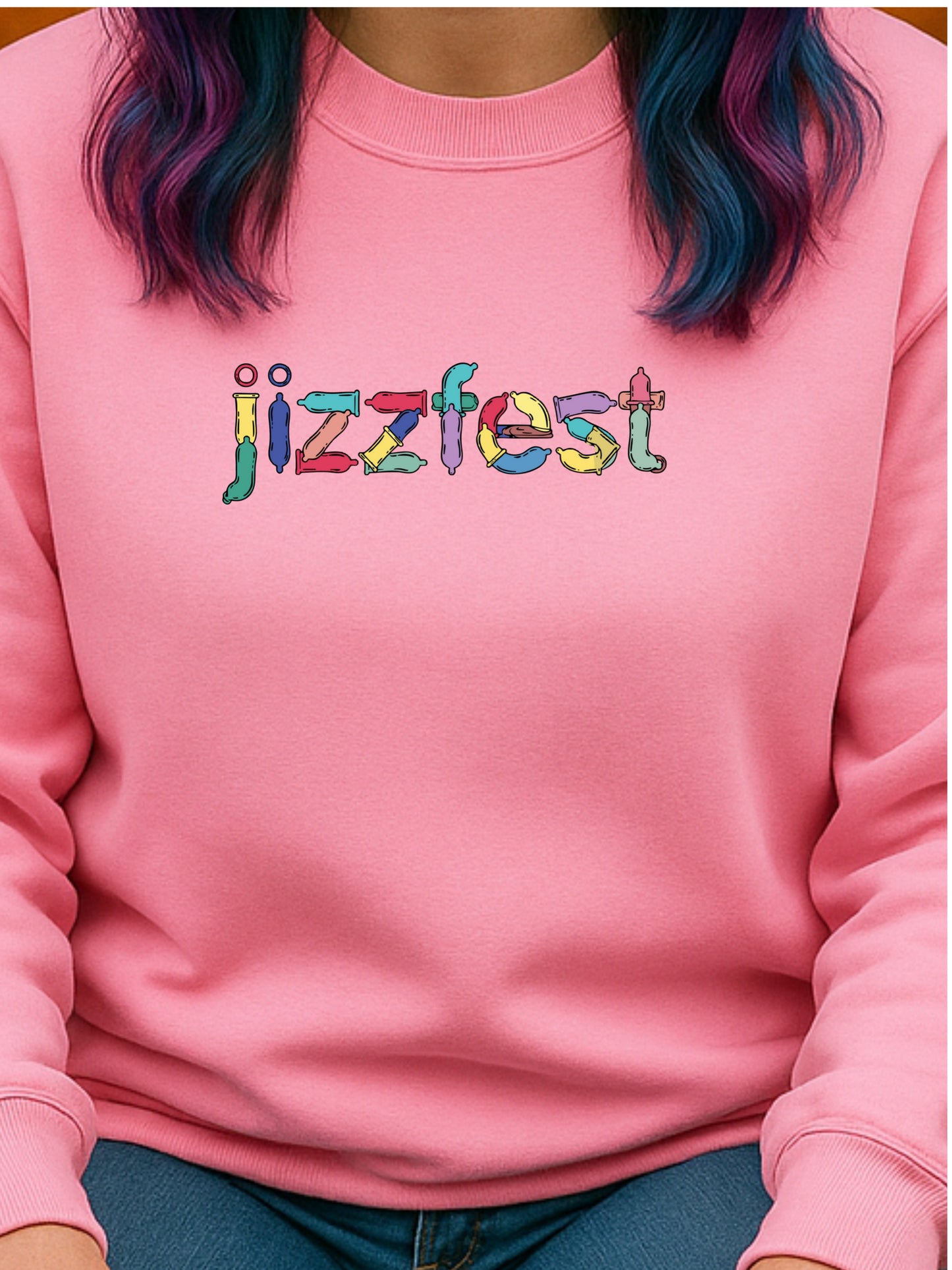 Jizzfest Sweatshirt | Condom Typography Funny Adult Party Graphic | Gildan Softstyle® 18000