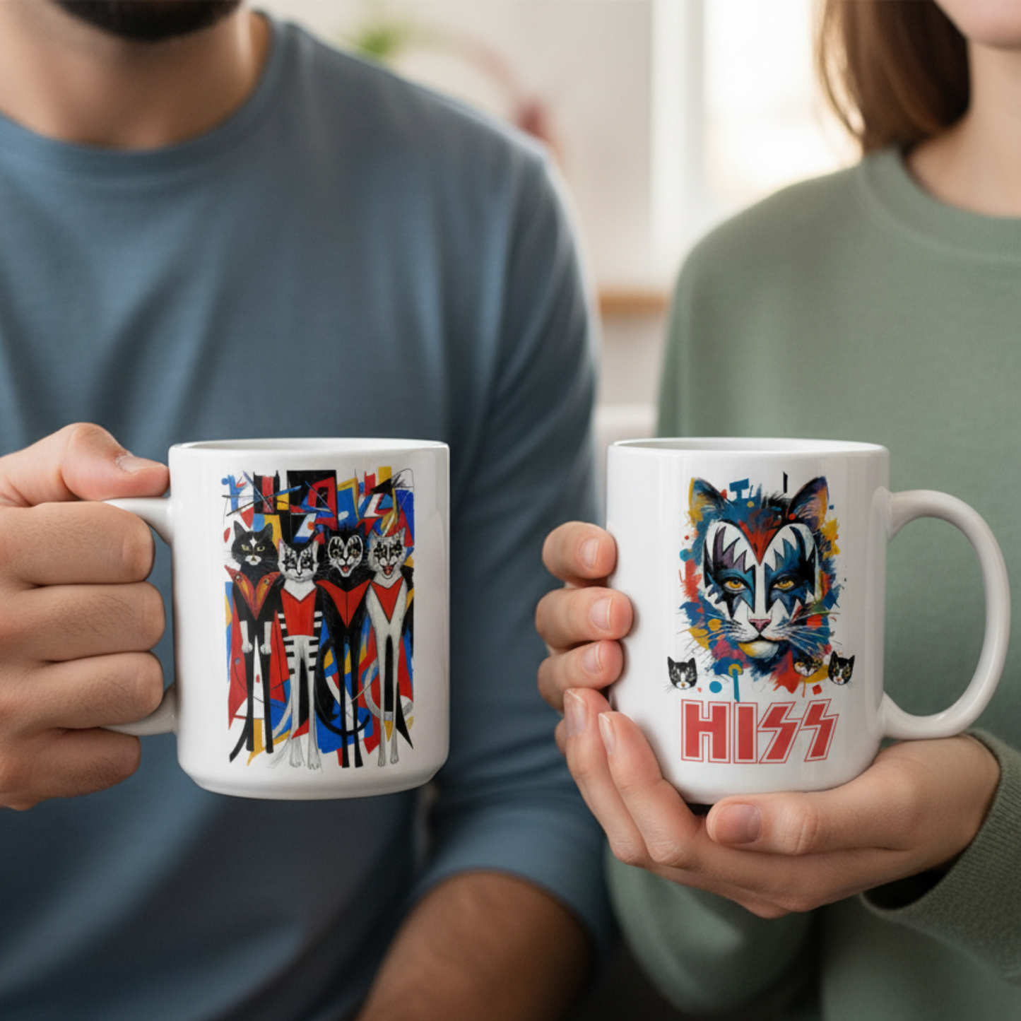 Rock Cats Mug Double Sided Coffee | Sarcastic Humor Music Art Gift Ceramic Cup