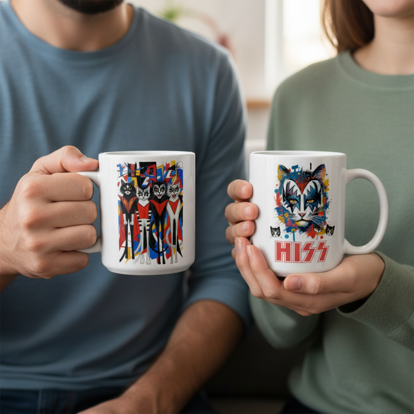 Rock Cats Mug Double Sided Coffee | Sarcastic Humor Music Art Gift Ceramic Cup