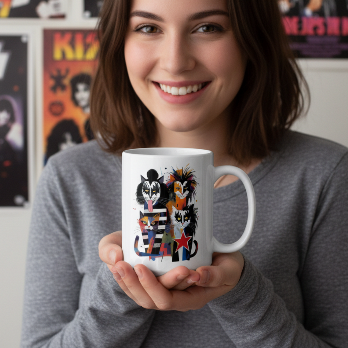 KISS Cat Mug Rock Art Colorful Coffee Cup Music Lover GiftGift Ceramic Cup