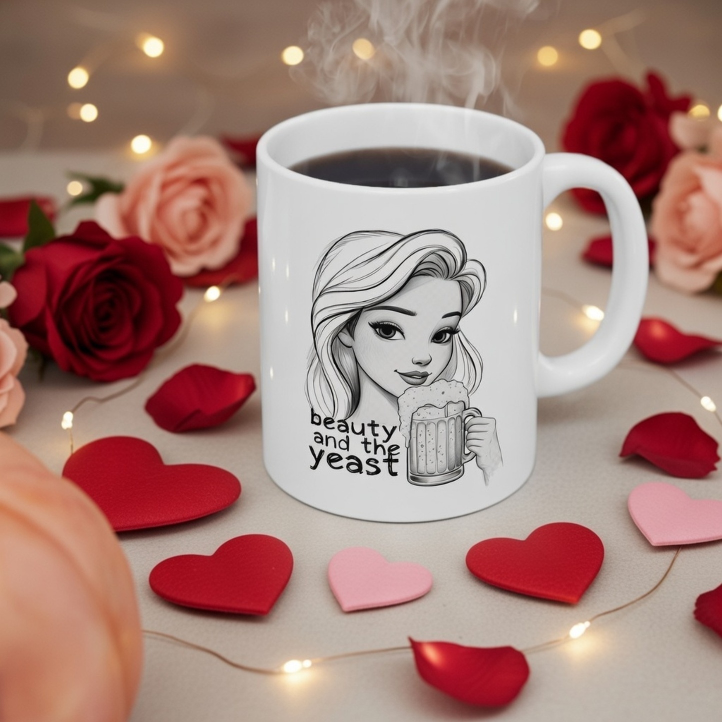 Beer Drinking Girl Mug | Beauty And The Yeast | Coffee Lovers Valentine Ceramic Cup | Gift For Couples