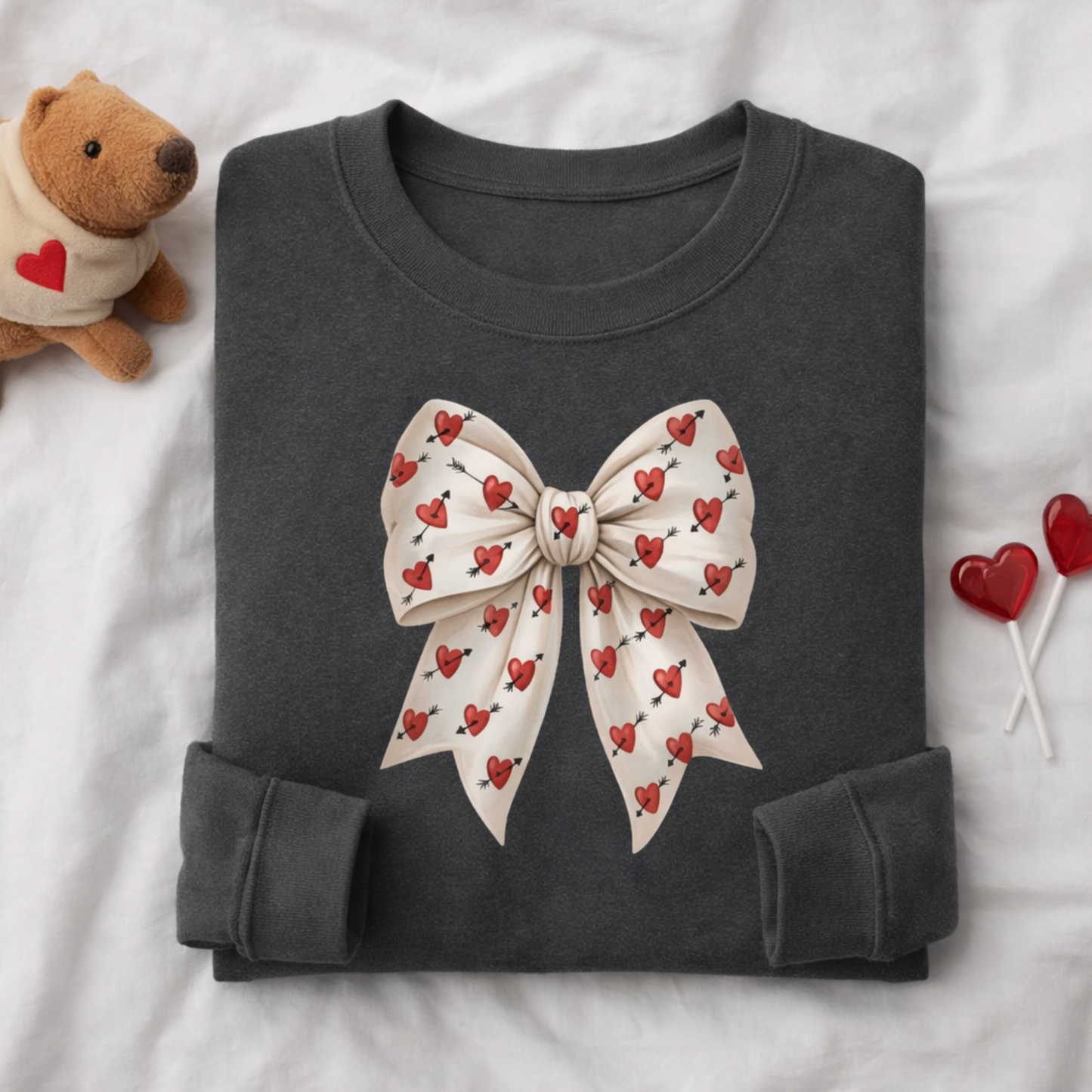 Valentines Day Bow Sweatshirt, Heart and Arrow Ribbon Design, Cute Romantic Gift for Her