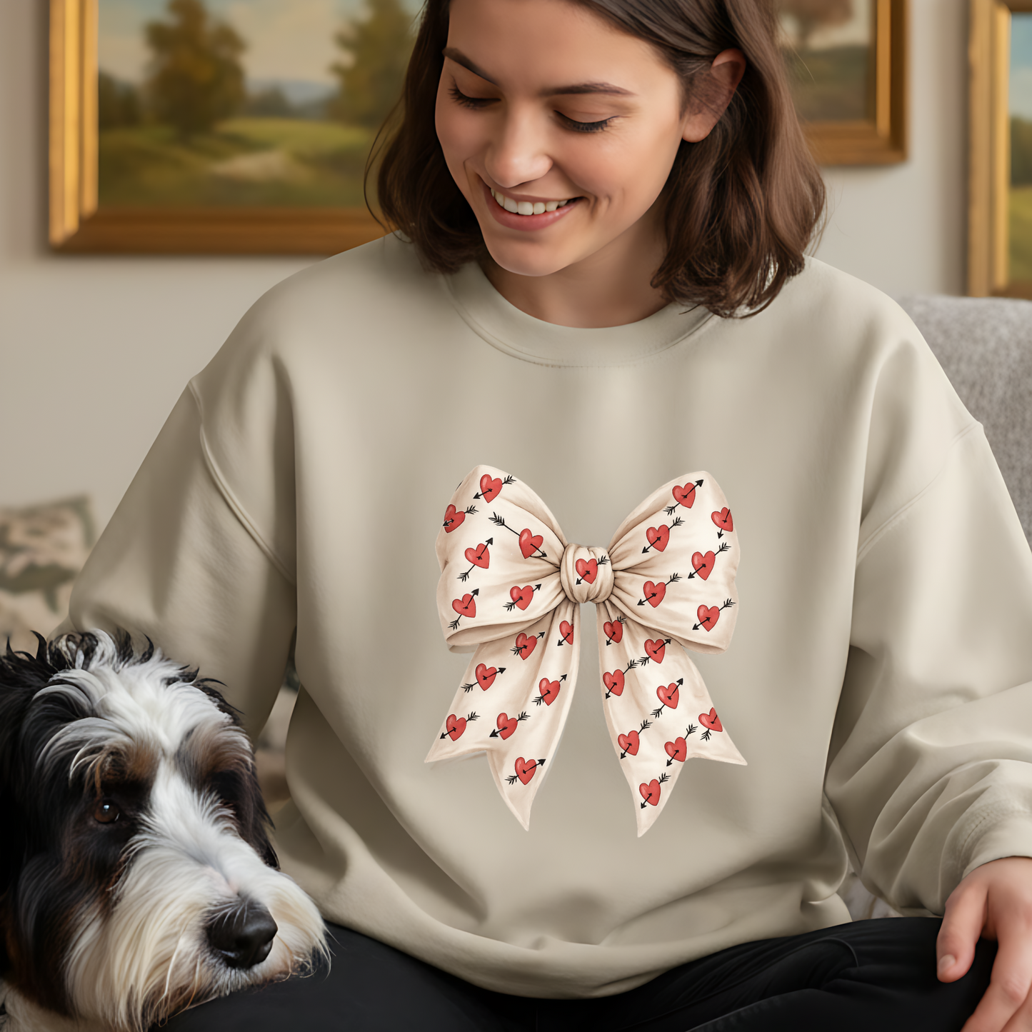 Valentines Day Bow Sweatshirt, Heart and Arrow Ribbon Design, Cute Romantic Gift for Her