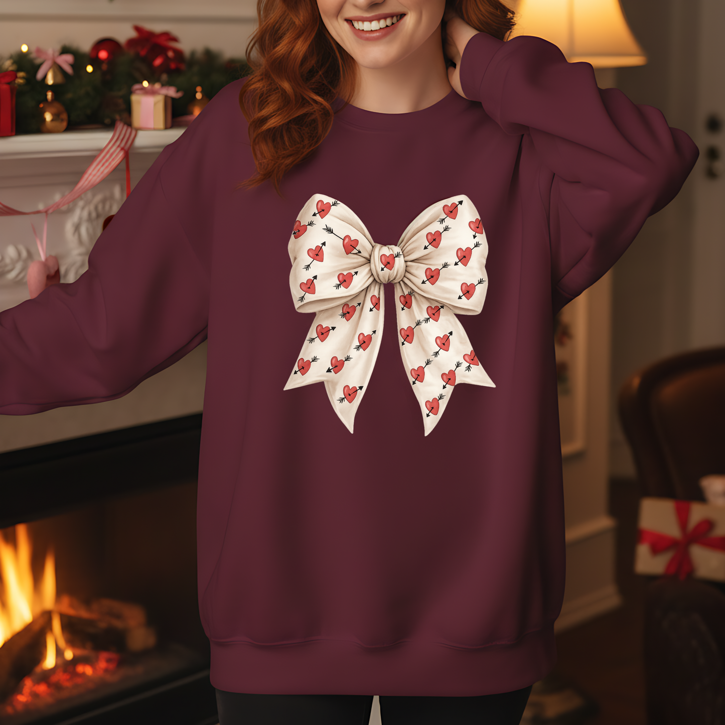 Valentines Day Bow Sweatshirt, Heart and Arrow Ribbon Design, Cute Romantic Gift for Her
