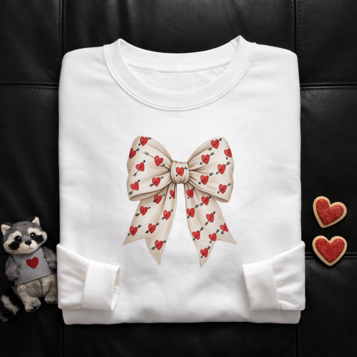 Valentines Day Bow Sweatshirt, Heart and Arrow Ribbon Design, Cute Romantic Gift for Her
