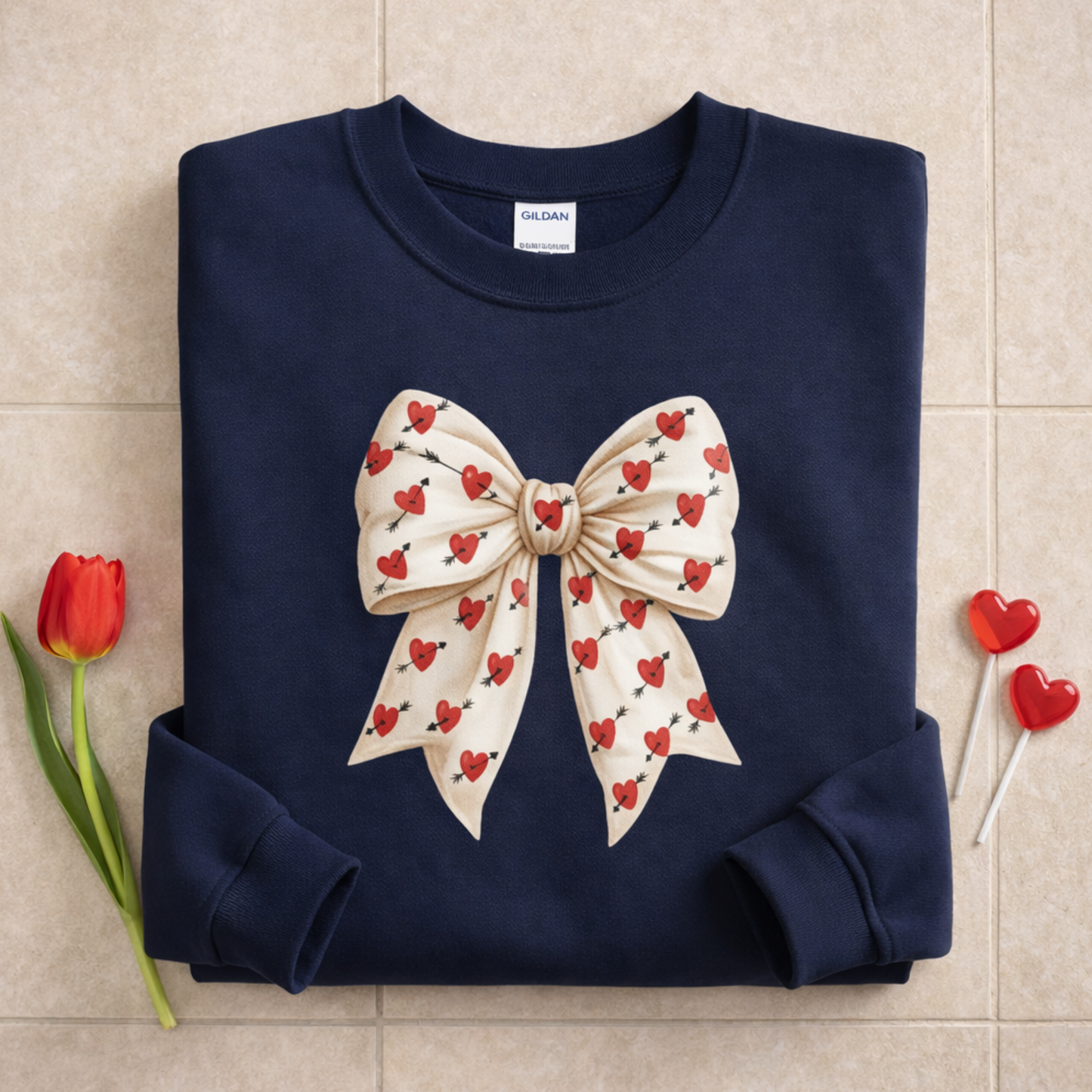 Valentines Day Bow Sweatshirt, Heart and Arrow Ribbon Design, Cute Romantic Gift for Her