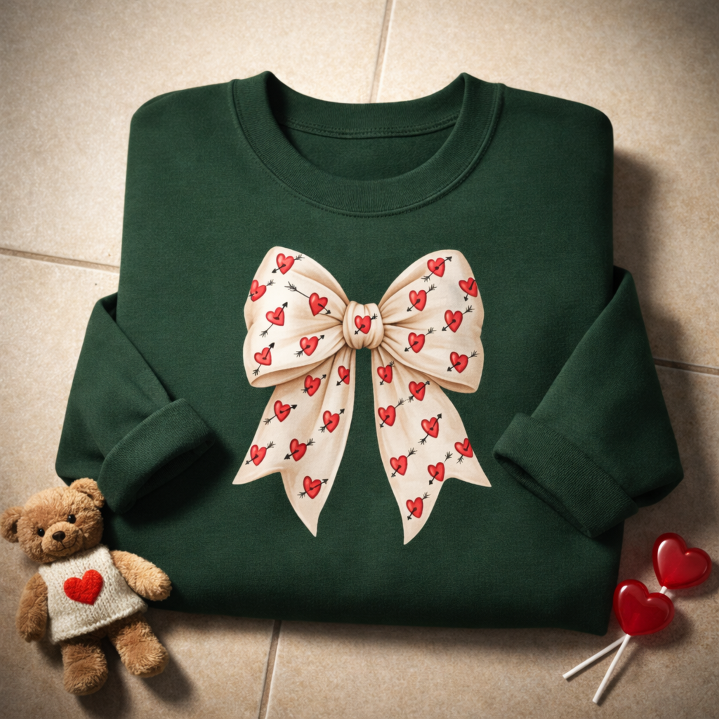 Valentines Day Bow Sweatshirt, Heart and Arrow Ribbon Design, Cute Romantic Gift for Her