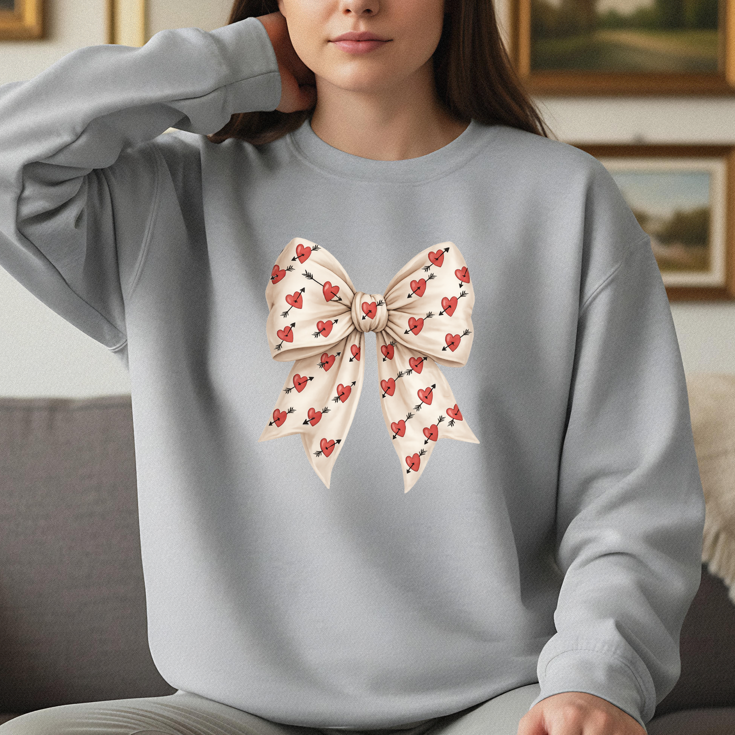 Valentines Day Bow Sweatshirt, Heart and Arrow Ribbon Design, Cute Romantic Gift for Her