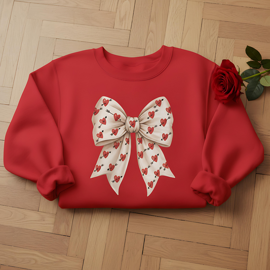 Valentines Day Bow Sweatshirt, Heart and Arrow Ribbon Design, Cute Romantic Gift for Her