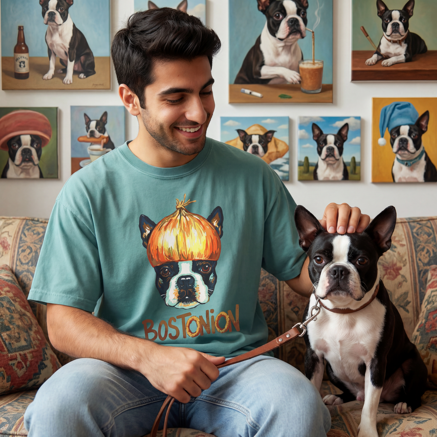 Boston Terrier Shirt Bostonian Dog Gift Funny Pet Art Cotton Dyed Tee