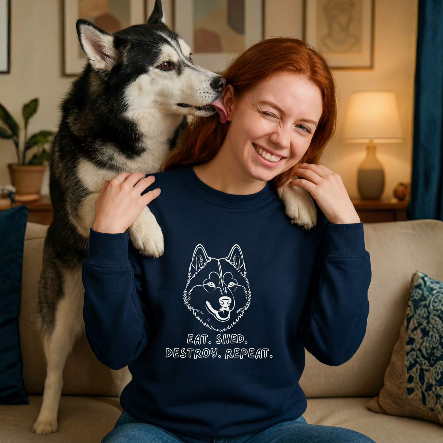 Siberian Husky Sweatshirt | Eat  Shed Destroy Repeat | Funny Dog Crewneck | Sibe Lover Pullover