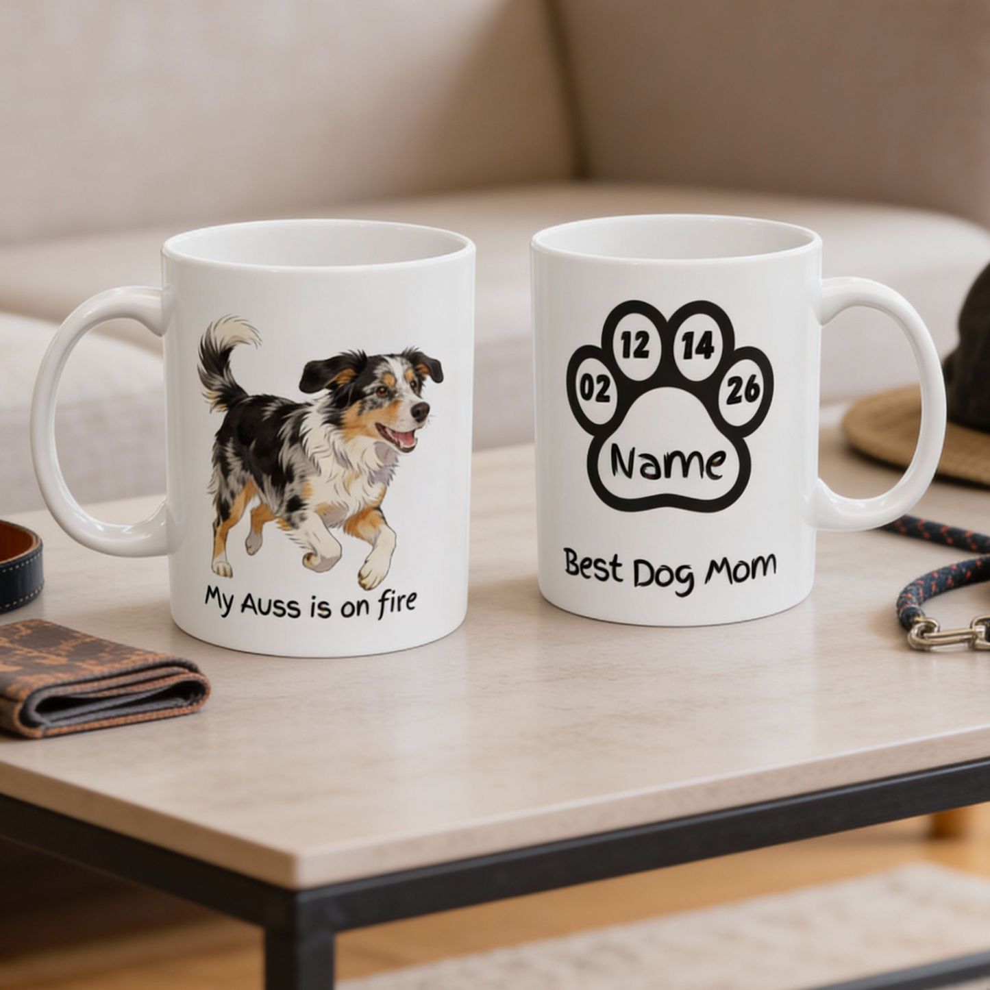 Personalized Australian Shepherd Mug Dog Mom Gift Custom Name Paw Print Cup