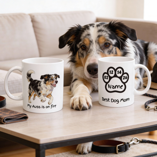 Personalized Australian Shepherd Mug Dog Mom Gift Custom Name Paw Print Cup