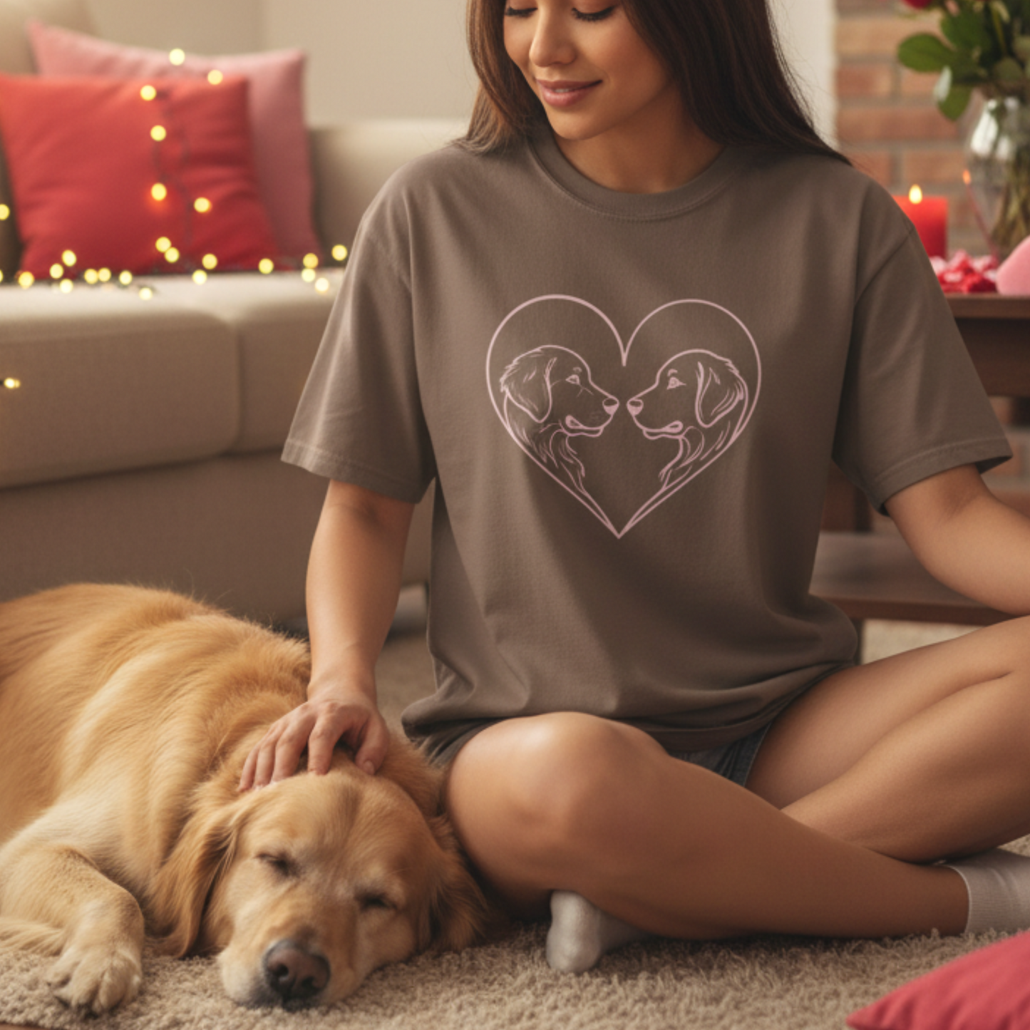 Dog Heart Shirt Valentine Gift Dog Mom Line Art Minimal Love Design Garment-Dyed Tee