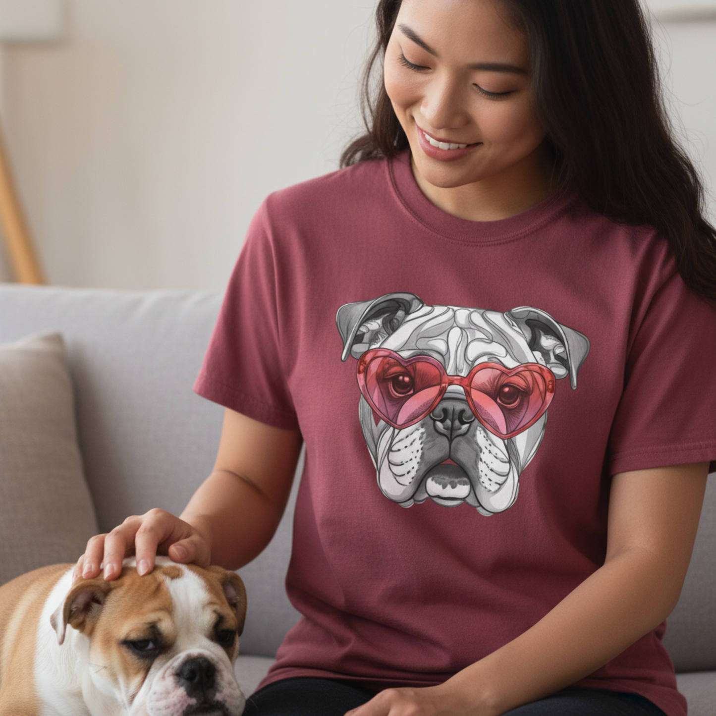 Valentine Bulldog Heart Glasses Shirt Cute Dog Lover Gift Romantic Pet Garment-DyedTee
