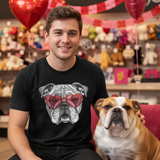 Valentine Bulldog Heart Glasses Shirt Cute Dog Lover Gift Romantic Pet Garment-DyedTee