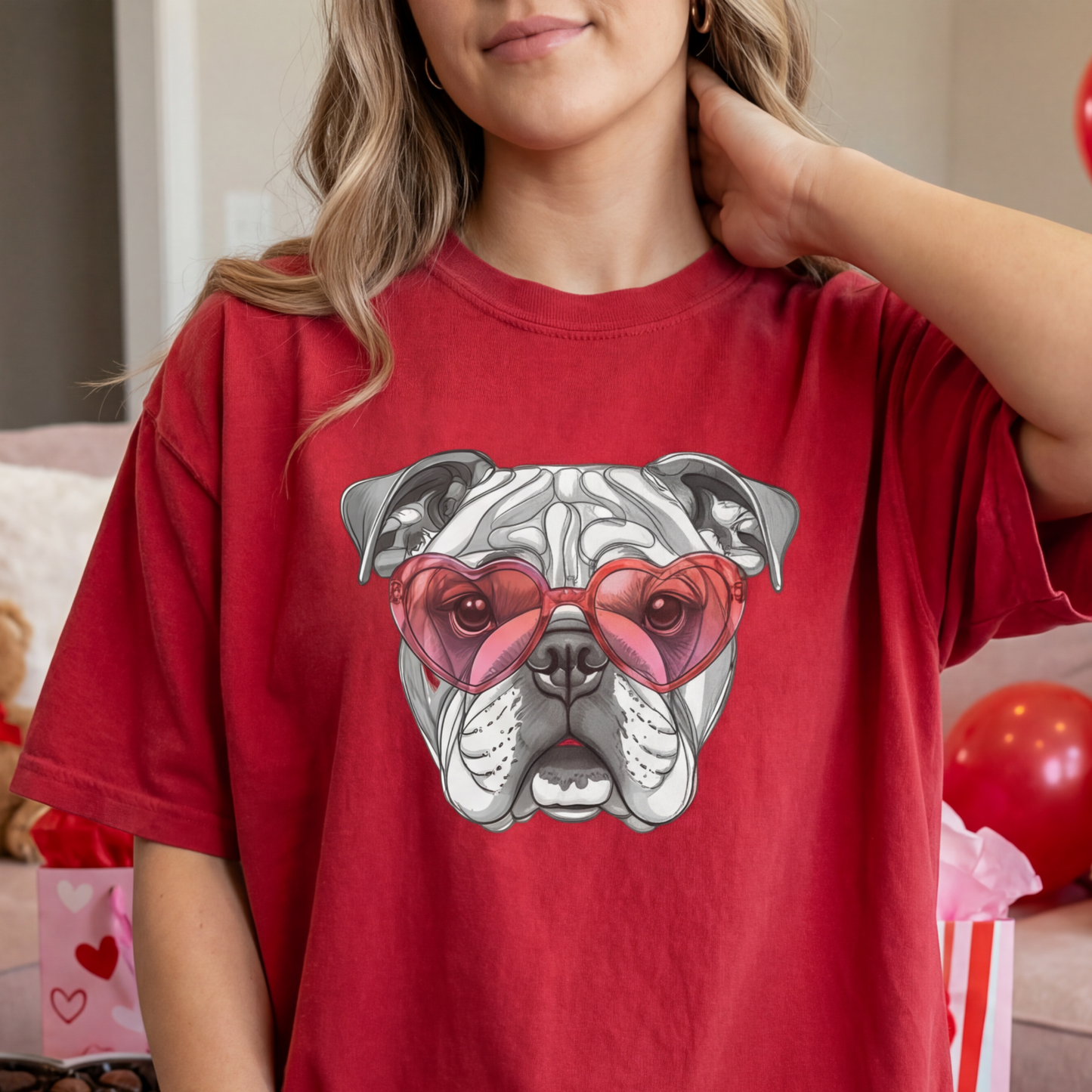Valentine Bulldog Heart Glasses Shirt Cute Dog Lover Gift Romantic Pet Garment-DyedTee