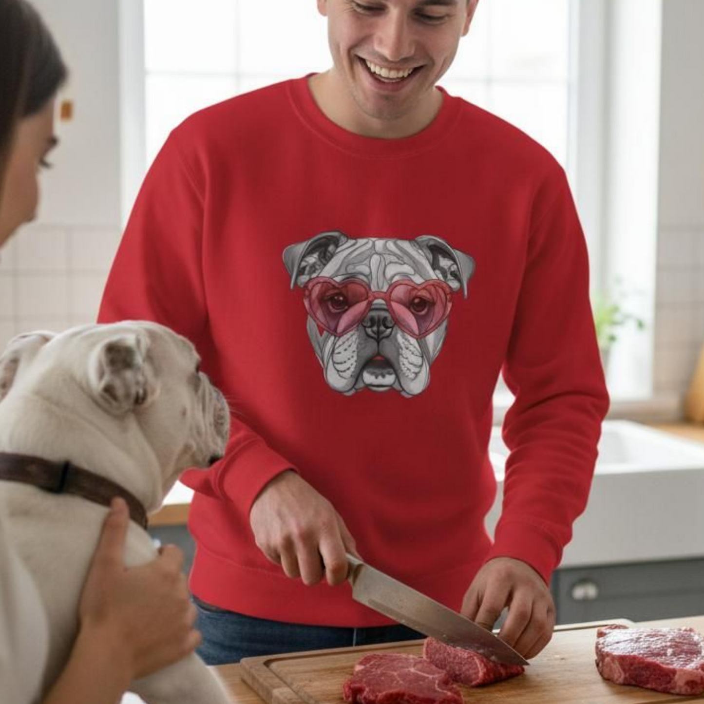 Bulldog Valentine Sweatshirt Heart Glasses Cute Dog Lover Gift Cotton-Poly Unisex Pullover