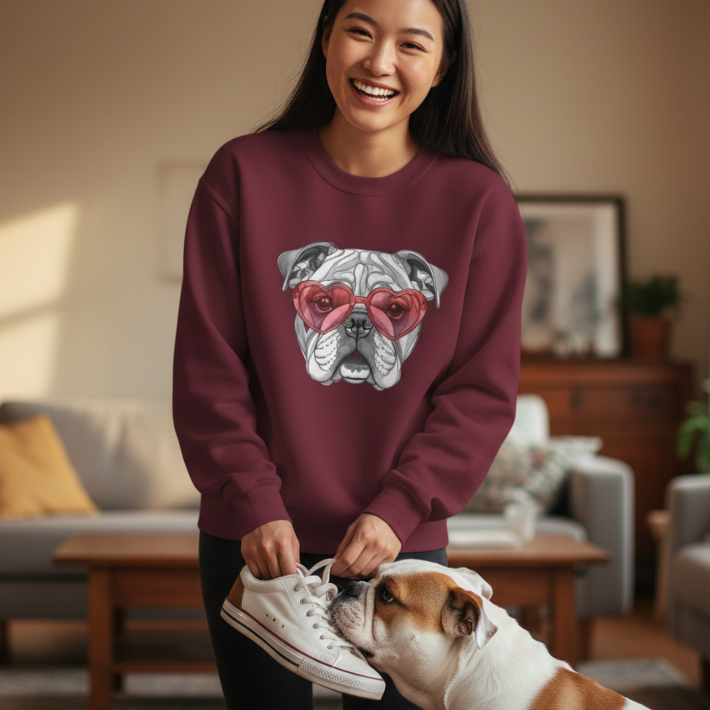 Bulldog Valentine Sweatshirt Heart Glasses Cute Dog Lover Gift Cotton-Poly Unisex Pullover