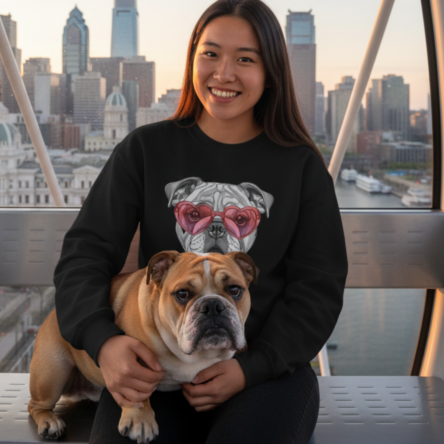 Bulldog Valentine Sweatshirt Heart Glasses Cute Dog Lover Gift Cotton-Poly Unisex Pullover