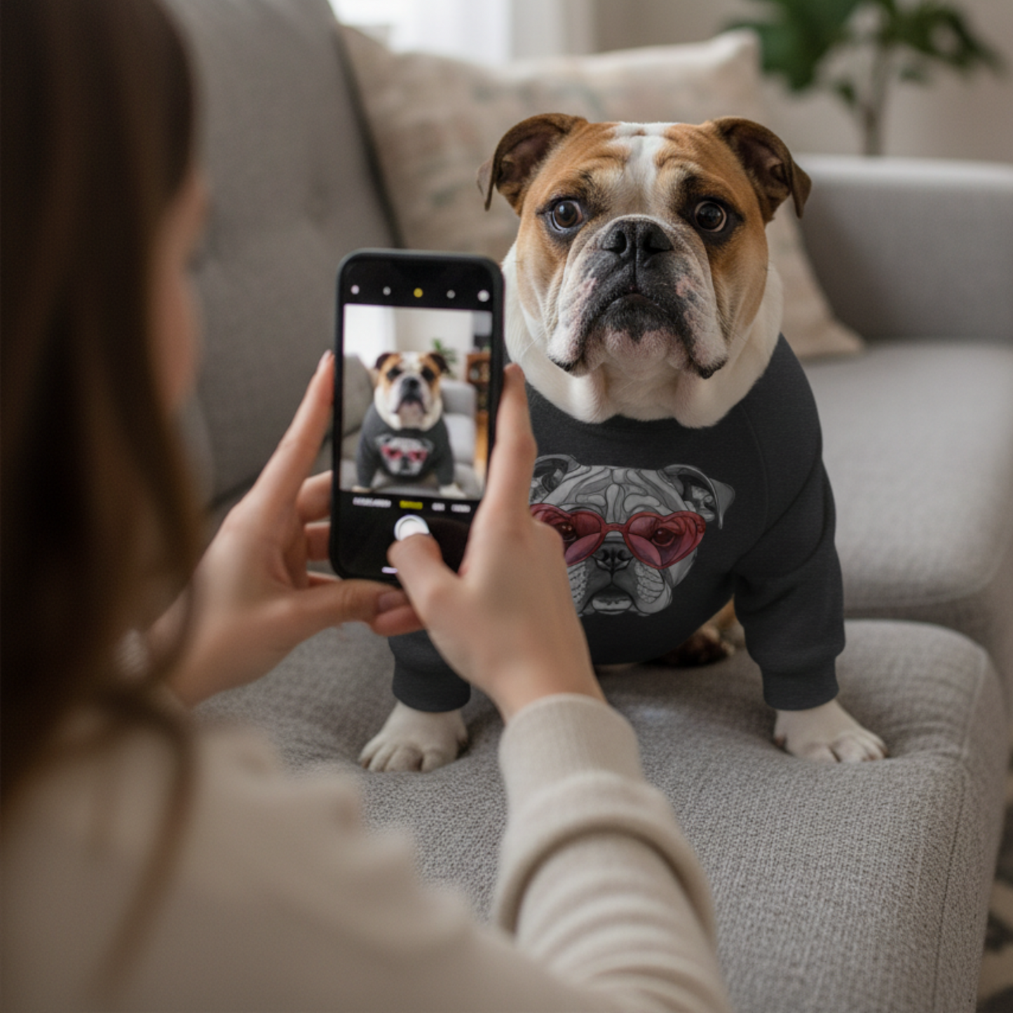 Bulldog Valentine Sweatshirt Heart Glasses Cute Dog Lover Gift Cotton-Poly Unisex Pullover