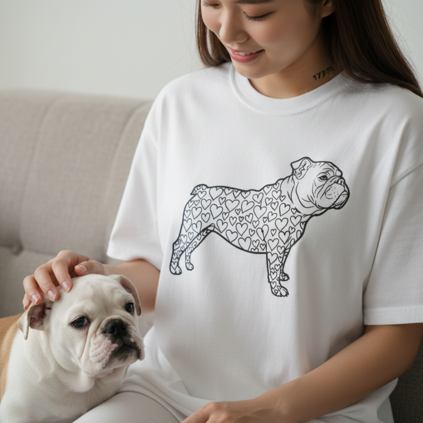 Bulldog T-Shirt | Love Hearts Dog Shirt | Funny Pet Mom Gift Valentine Art Garment-Dyed Tee