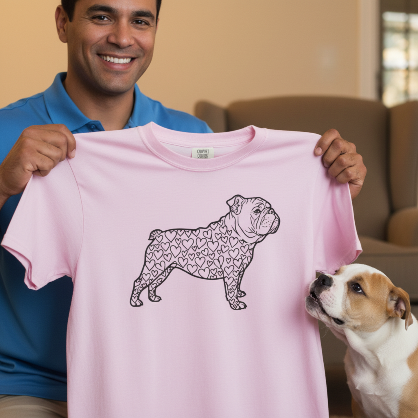 Bulldog T-Shirt | Love Hearts Dog Shirt | Funny Pet Mom Gift Valentine Art Garment-Dyed Tee